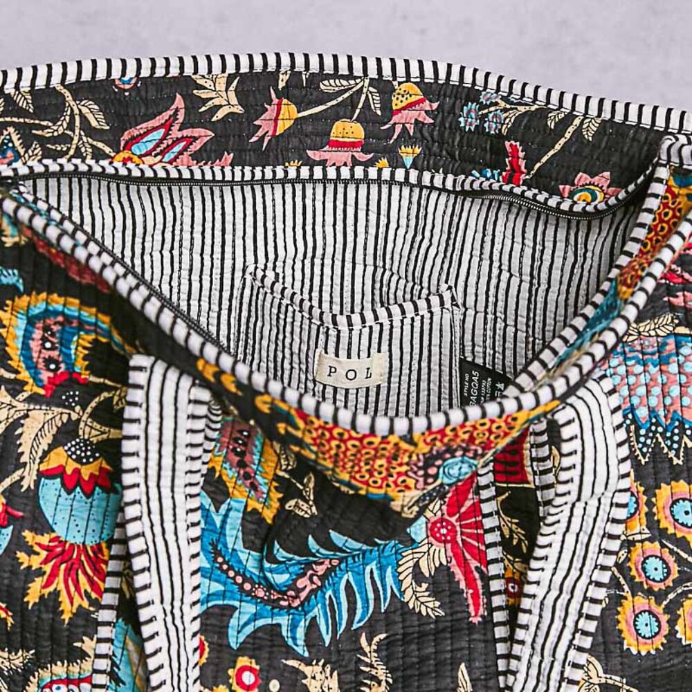 POL Black Kantha quilted patchwork floral embroidered XL boho tote bag - Picture 4 of 5